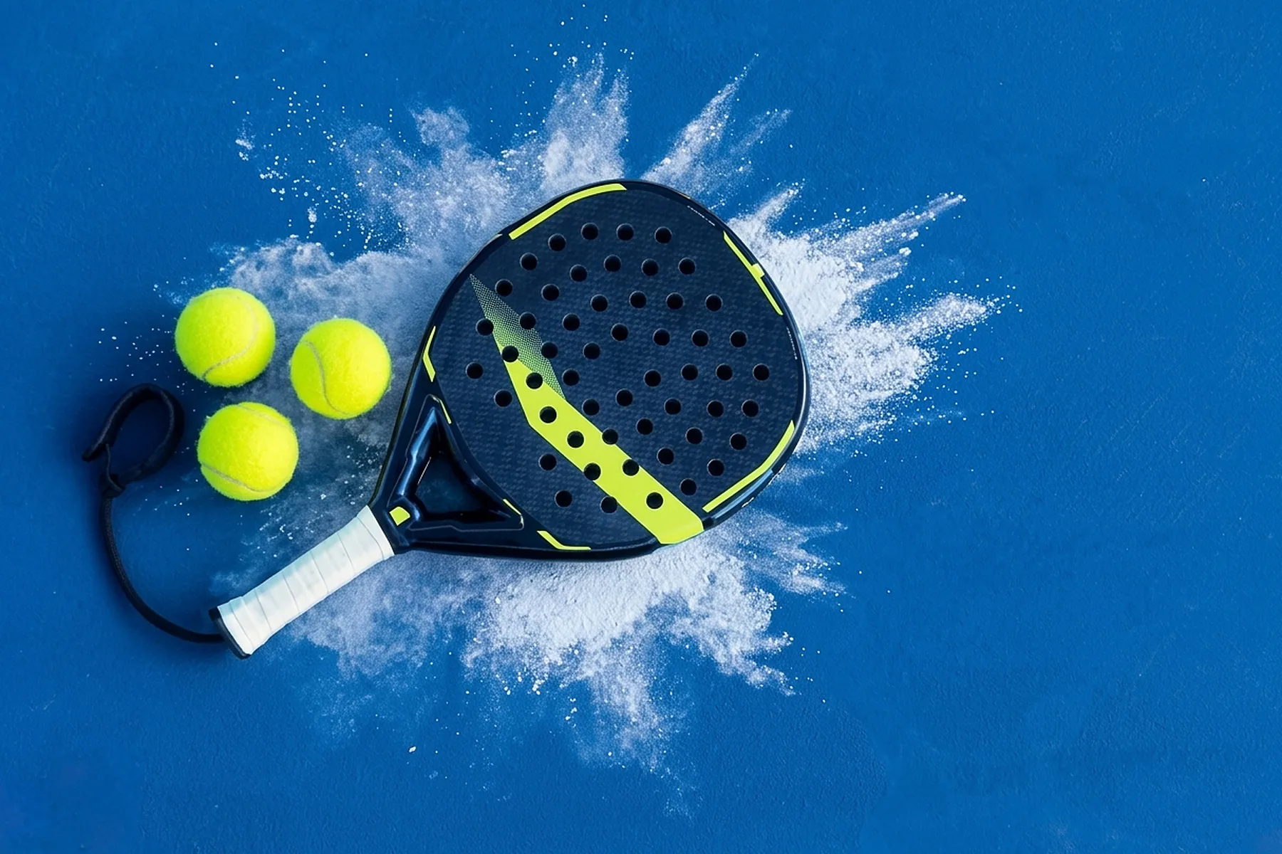 Padel reket i tri loptice na plavoj podlozi